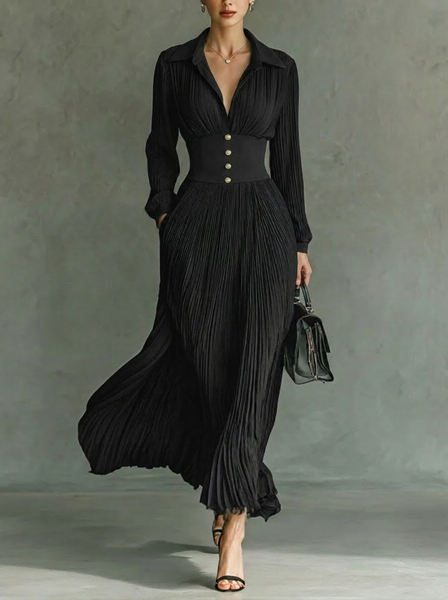Women's elegant pleated collared black maxi dress, perfect for formal occasions or parties.
