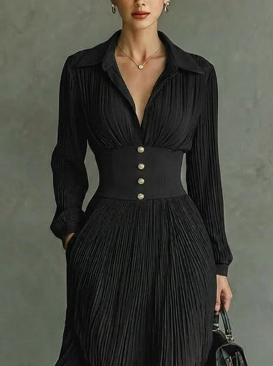Vintage-inspired long pleated collared dress for women, an elegant choice for special occasions.