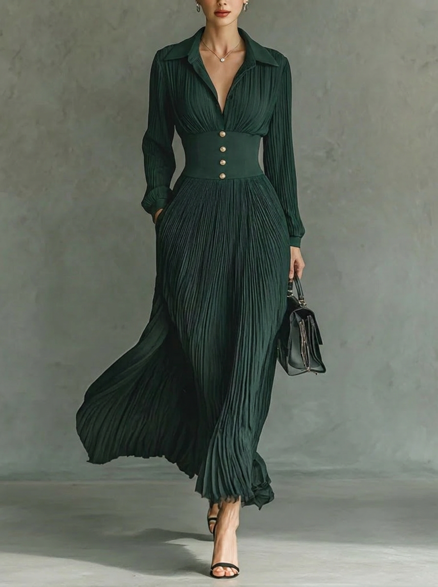 Stylish black pleated collared maxi dress for women, a flowing long dress with an elegant silhouette.