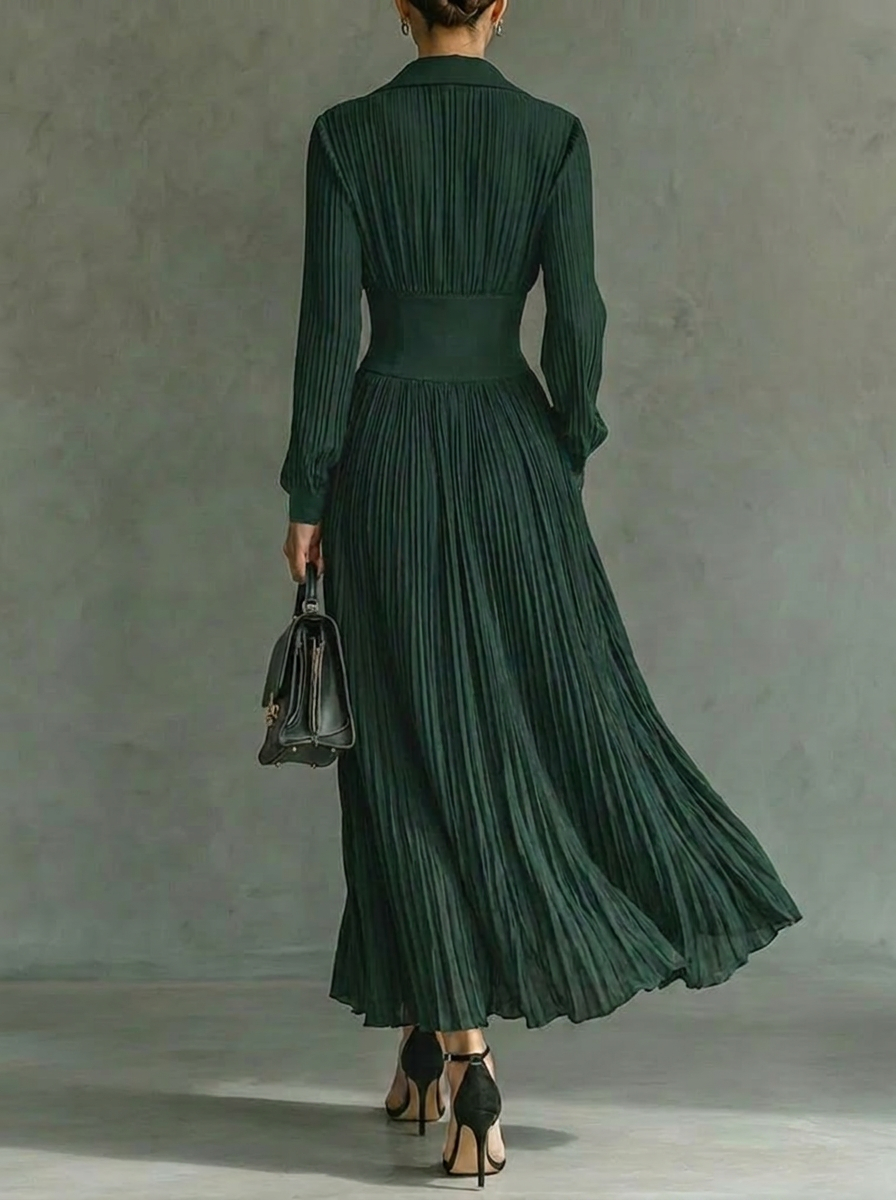 Elegant women's pleated collared maxi dress. Flowing design, perfect for parties, race day, or formal events.