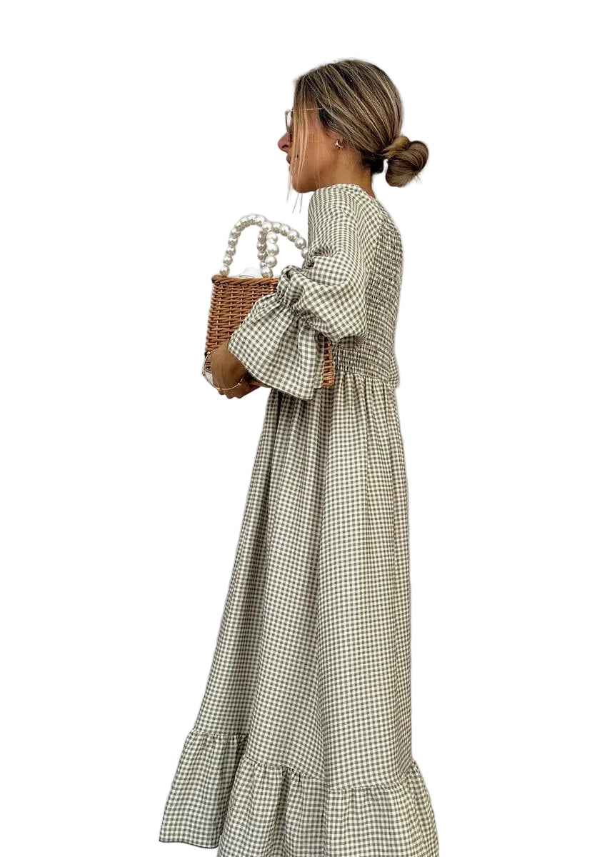 Lightweight women's gingham smocked maxi dress, ideal as a comfortable spring or summer day dress.
