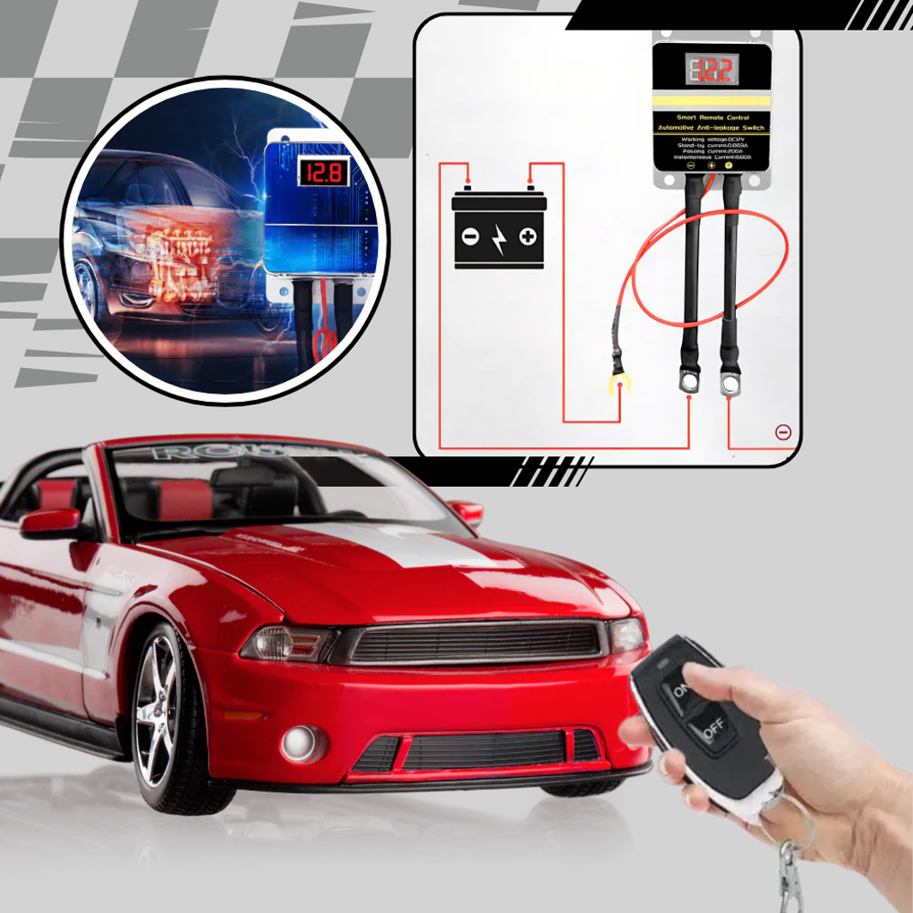 Vehicle security battery disconnect switch. Remote cutoff for cars, trucks, RVs. Anti-theft accessory.