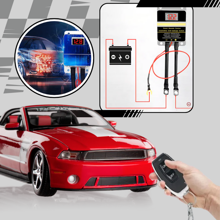 Vehicle security battery disconnect switch. Remote cutoff for cars, trucks, RVs. Anti-theft accessory.