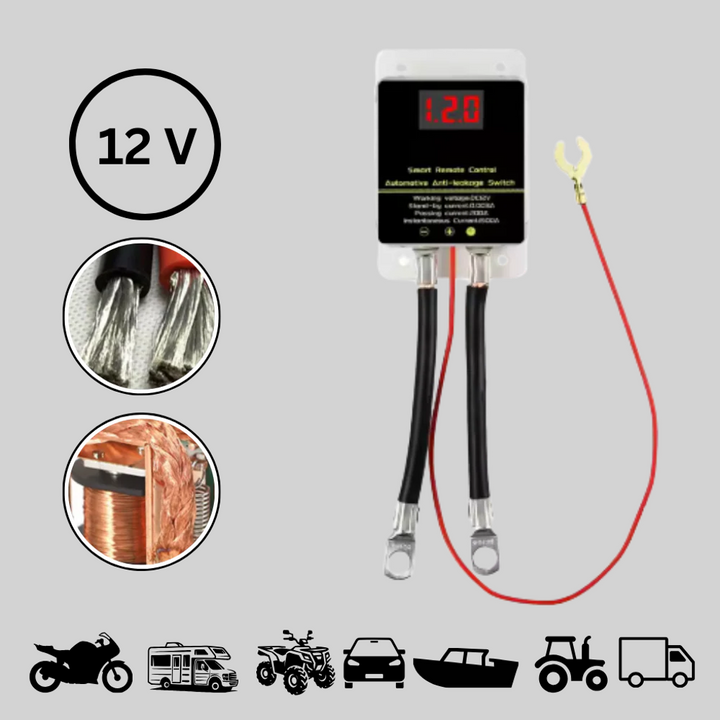 Universal remote battery disconnect for trucks, cars, RVs. Anti-theft & battery saver automotive accessory.
