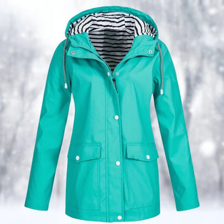 Woman modeling a stylish lightweight rain jacket. Perfect weather protection windbreaker for outdoor adventures.