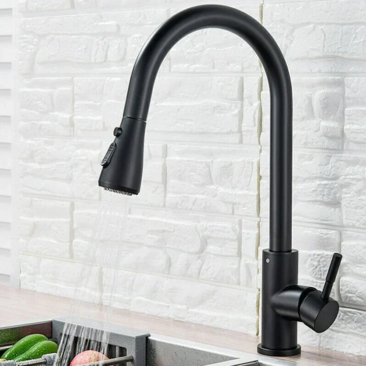 Modern Ret retractable Kitchen Faucet with Pull-Down Sprayer, single lever. Perfect for a modern kitchen sink upgrade.