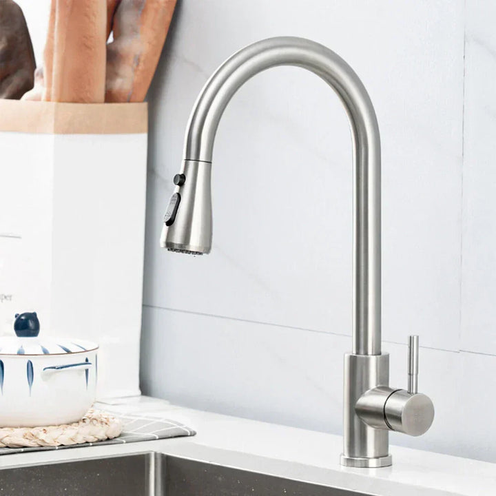 Matte Black Ret retractable Kitchen Faucet. Features a pull-down sprayer & single lever for modern kitchen sinks.