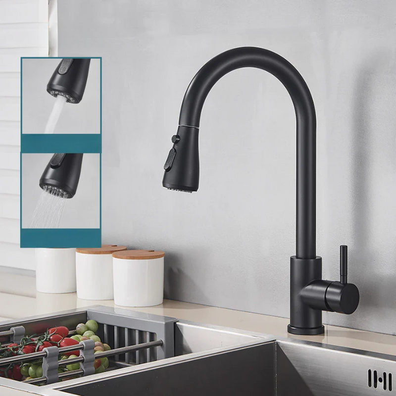 Ret retractable Kitchen Faucet with extended pull-down sprayer. Single lever design for easy water control & cleaning.