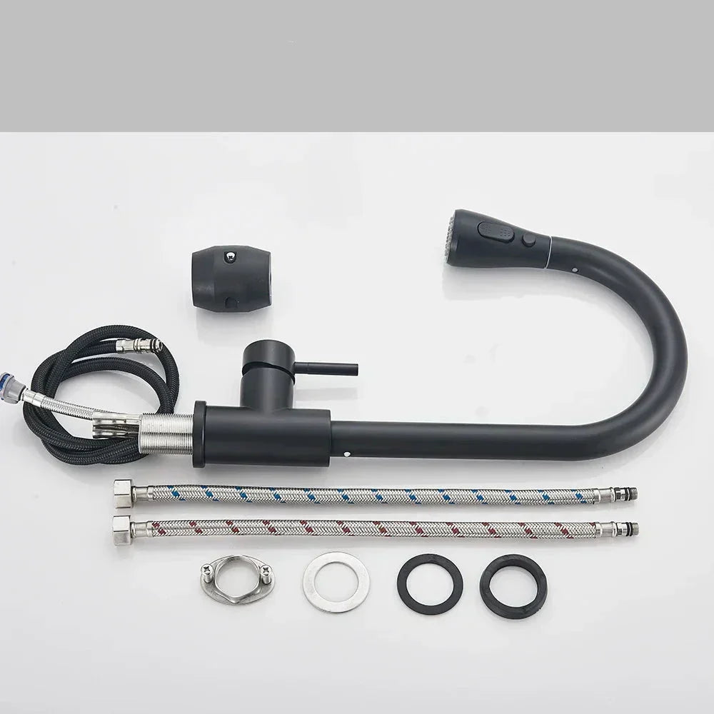 Sleek single lever of a Ret retractable Kitchen Faucet. Modern design with pull-down sprayer for kitchen sink.