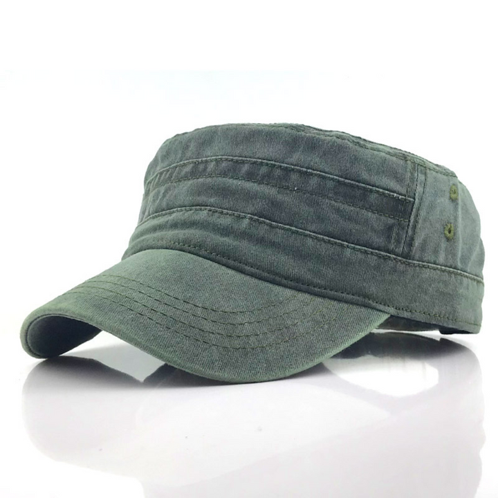 Unisex retro army cap in dark green, perfect for outdoor adventures, casual style & sun protection. Adjustable military hat.