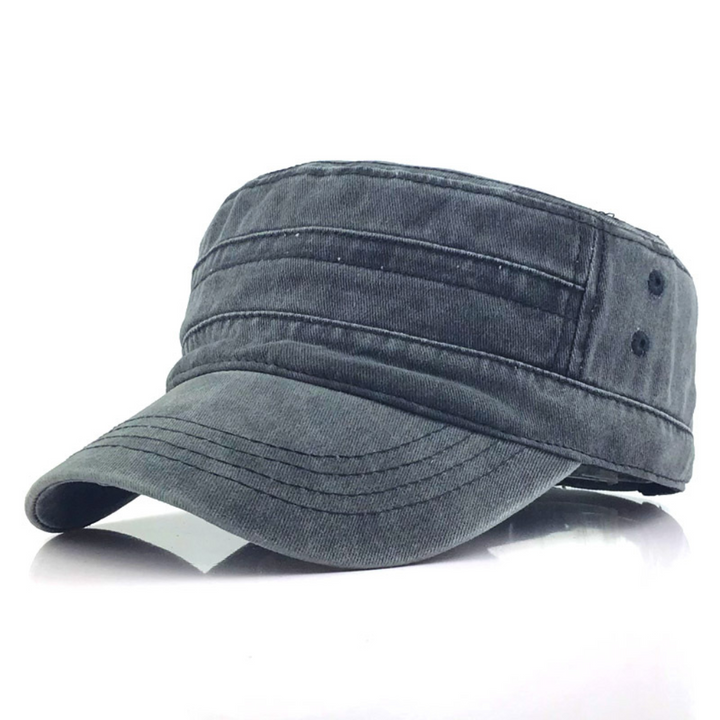 Stylish black unisex retro army cap for casual wear. Adjustable military fashion hat, great for outdoor gear.
