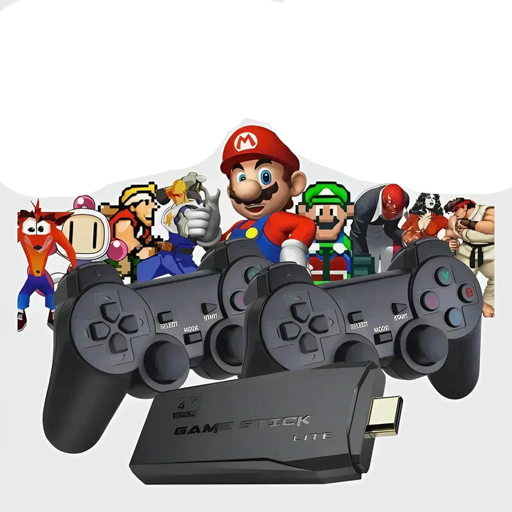 Vintage retro 4K gaming console with wireless controllers, playing 20,000+ classic video games on modern TVs.