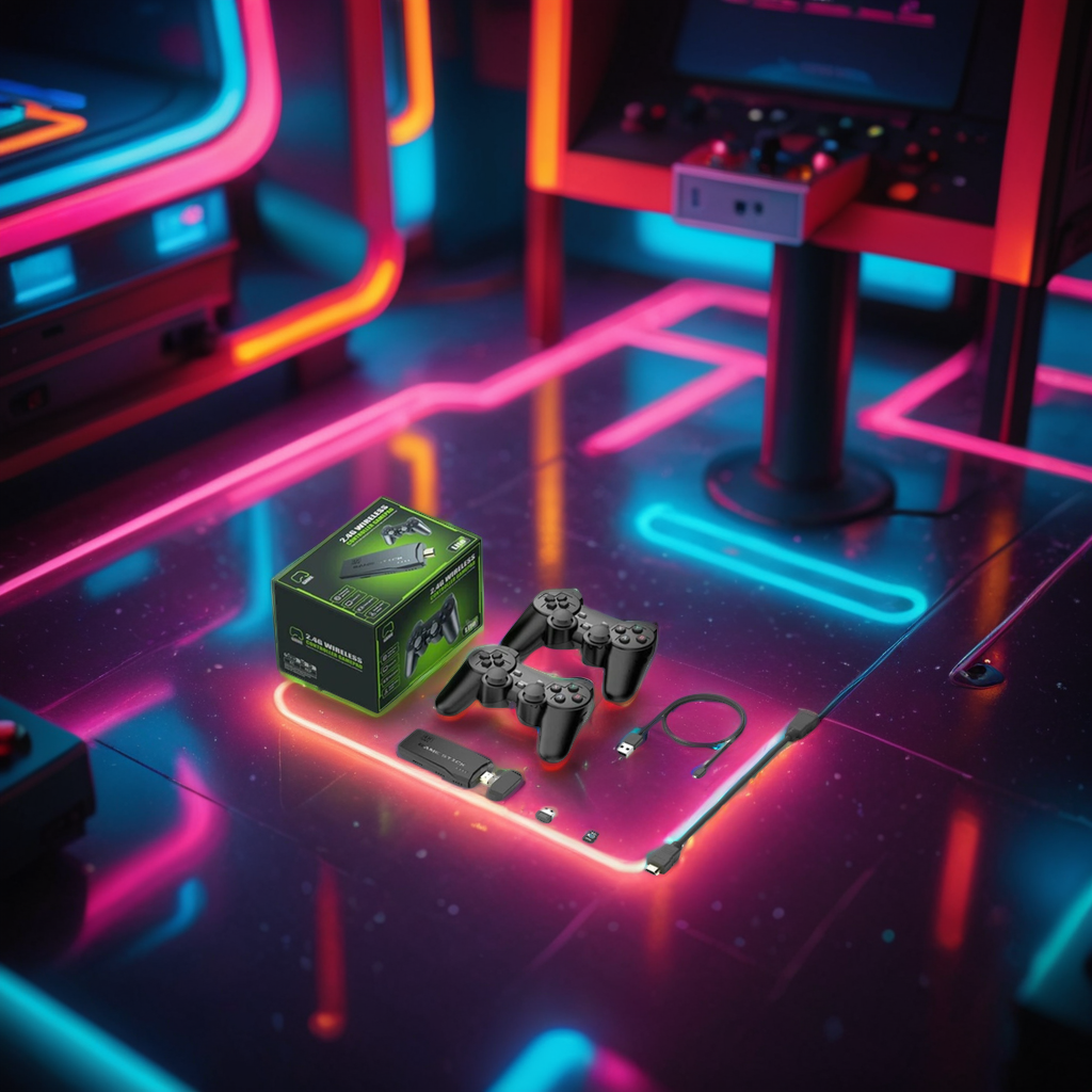 High-definition 4K retro gaming console for nostalgic classic video games, complete with wireless controllers.