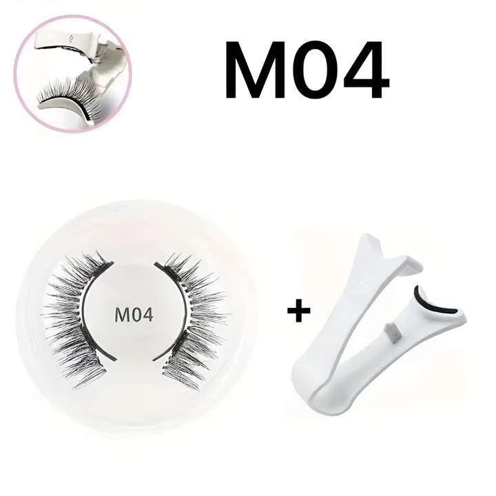 Woman applying glue-free magnetic eyelashes with included tweezers