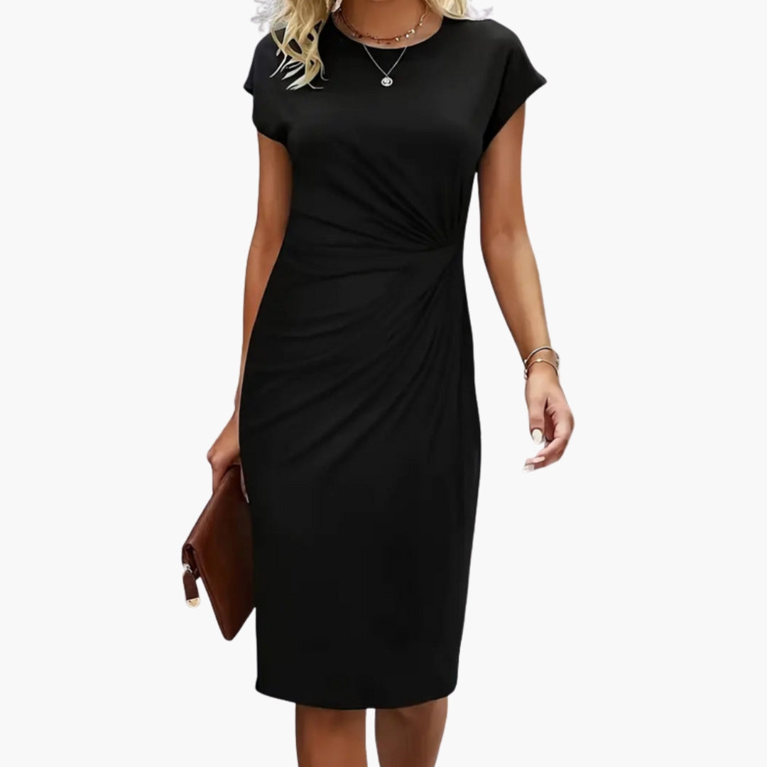 Rhea | Women's Round Neck Short Sleeve Midi Dress - Black - Image 1