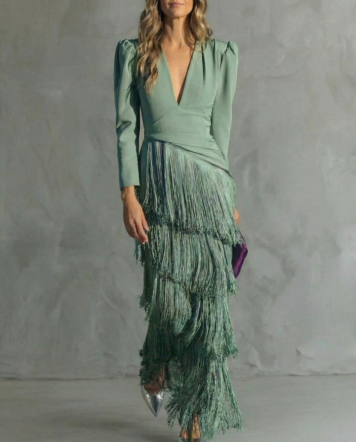 Elegant women's midi dress with chic fringe detail, perfect for evening parties & formal events.
