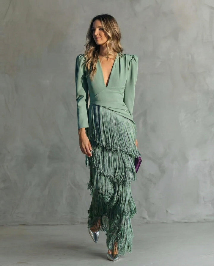 Sophisticated women's fringe midi dress, ideal for cocktail parties, special occasions & summer events.