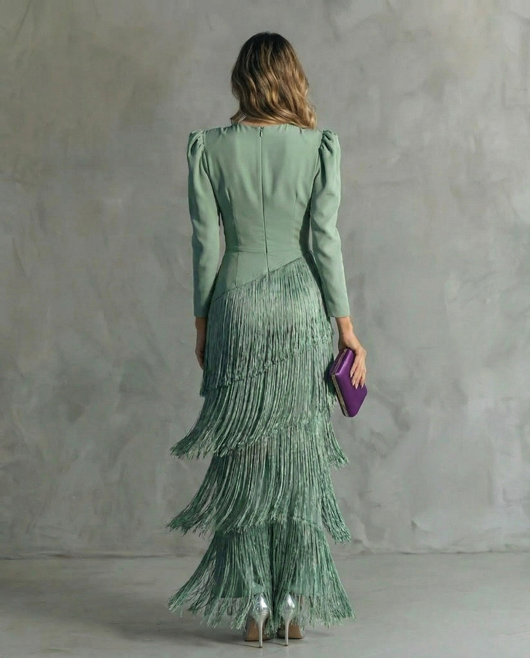 Chic women's midi dress with playful fringe, suitable for elegant parties, evening wear & summer formal.