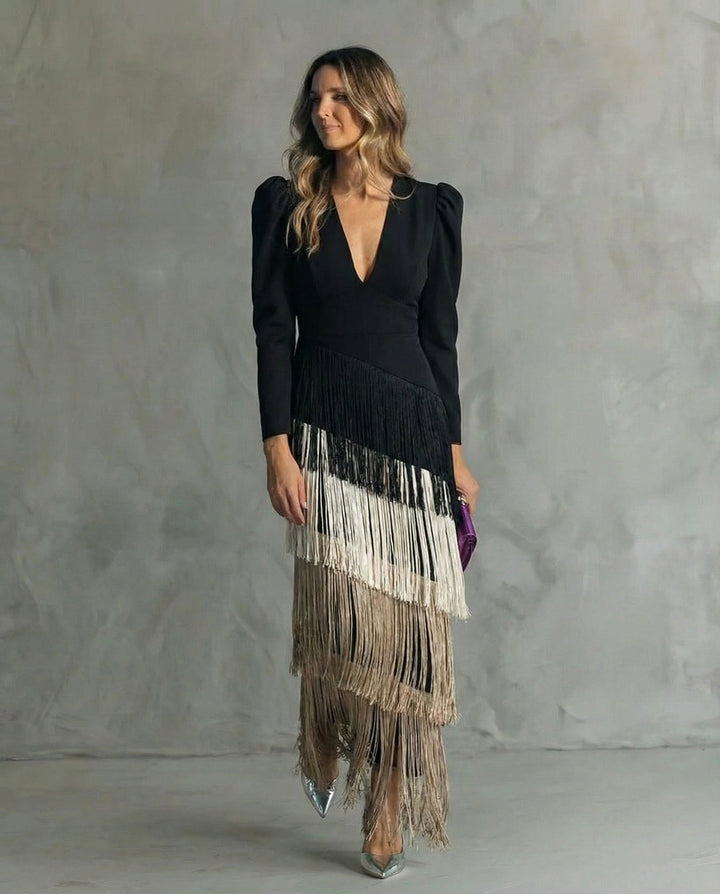Women's elegant midi dress with fringe detail. Perfect for evening, party, formal, and special occasions.