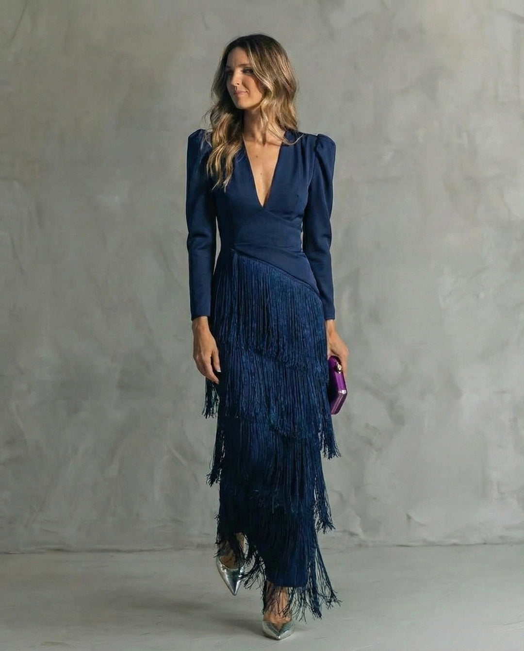 Sophisticated women's fringe midi dress for elegant evenings, cocktail parties, and formal summer events.