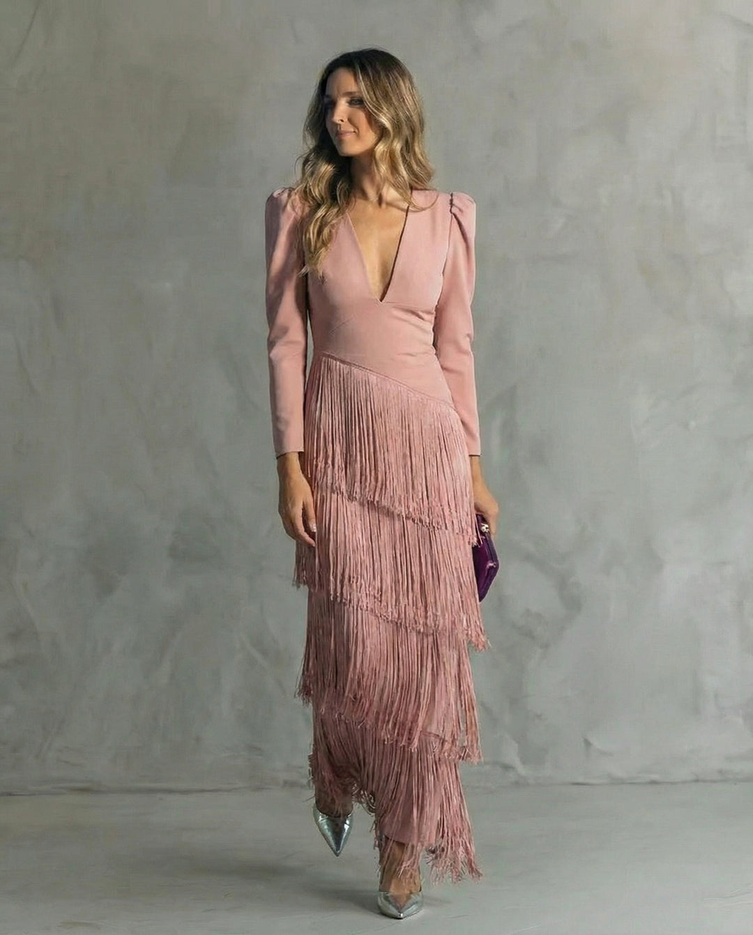 Trendy women's midi dress with stylish fringe accents, great for upscale parties & formal summer wear.