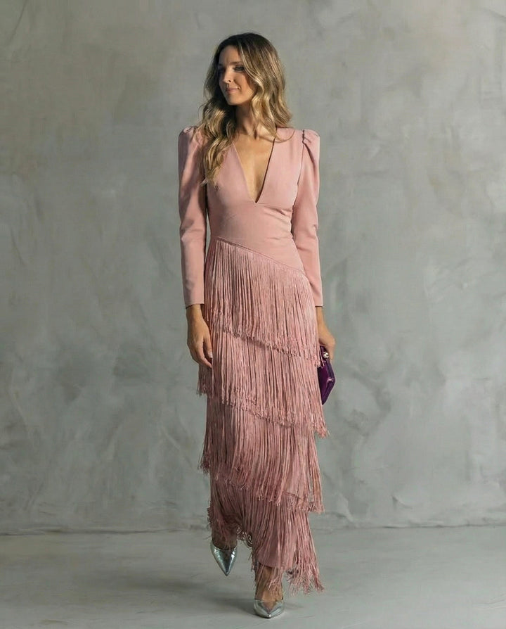 Trendy women's midi dress with stylish fringe accents, great for upscale parties & formal summer wear.
