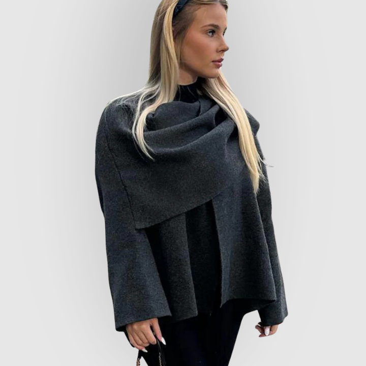 Rhiannon | Women's Cowl Neck Long Sleeve Cape Coat - Grey - Image 1