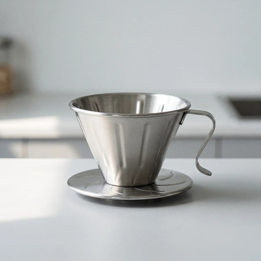 Brew rich coffee with this stainless steel ribbed pour-over dripper, an essential home coffee maker.