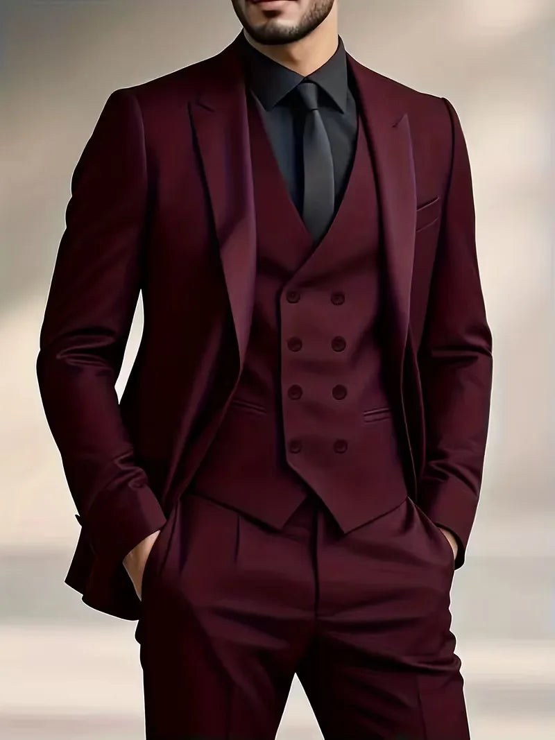 Modern men's wedding suit. Slim fit three-piece formal wear with a tailored blazer and waistcoat.