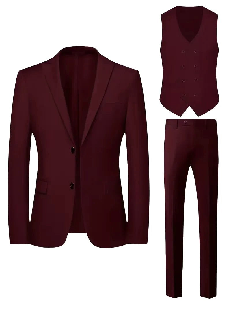 Elegant men's special occasion suit. Slim fit three-piece formal design with a double-breasted vest.