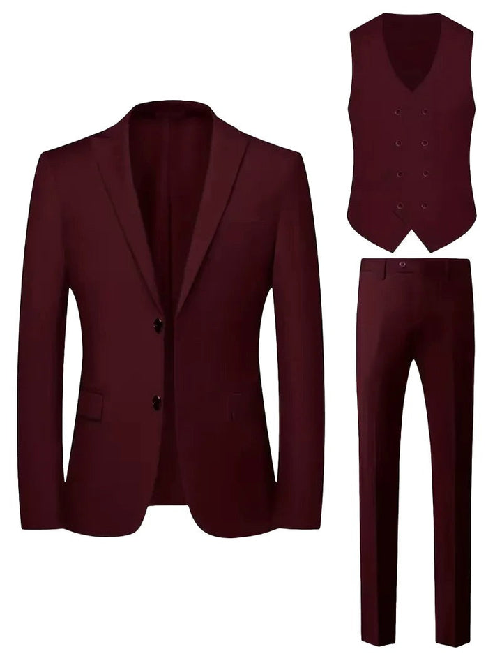 Elegant men's special occasion suit. Slim fit three-piece formal design with a double-breasted vest.