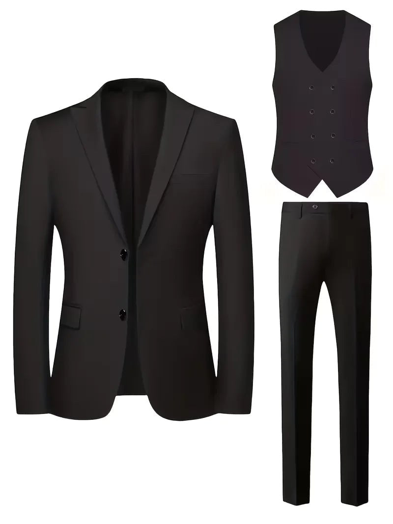 Professional men's business suit. Slim fit three-piece design with elegant blazer, waistcoat & trousers.