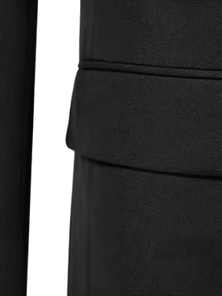 Detail: Double-breasted waistcoat of a men's slim fit three-piece formal suit. Elegant event wear.