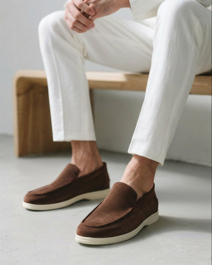 Mocha men's loafers, front angle, accentuating the effortless slip-on design & comfort.