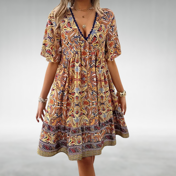 Comfortable women's summer vacation dress, boho swing style, featuring a unique printed design. Perfect for casual wear.