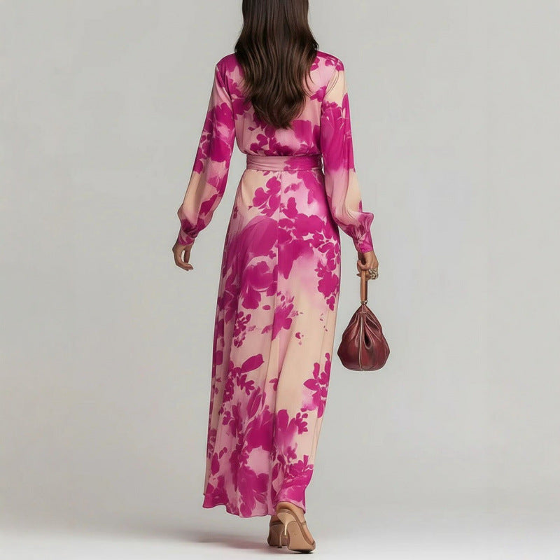 Chic women's race day floral maxi wrap dress with elegant v-neck design.