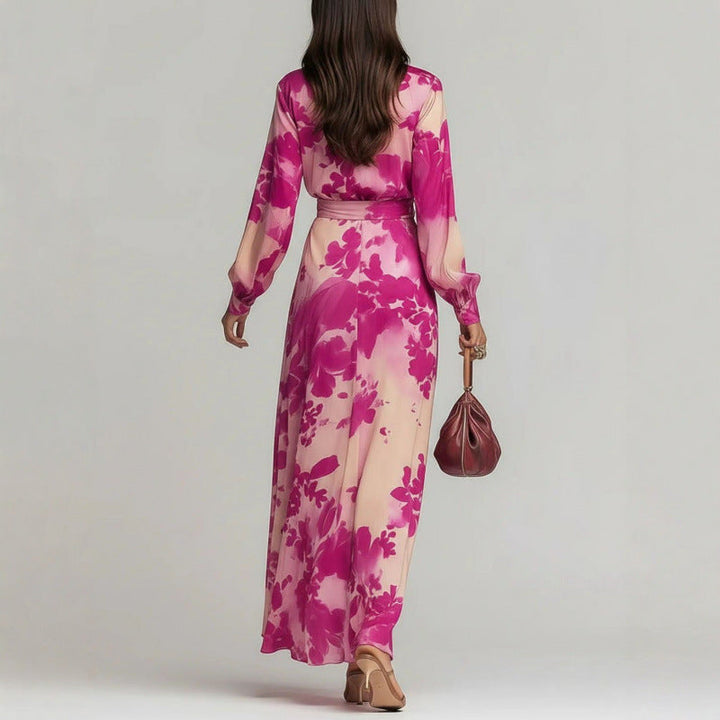 Chic women's race day floral maxi wrap dress with elegant v-neck design.