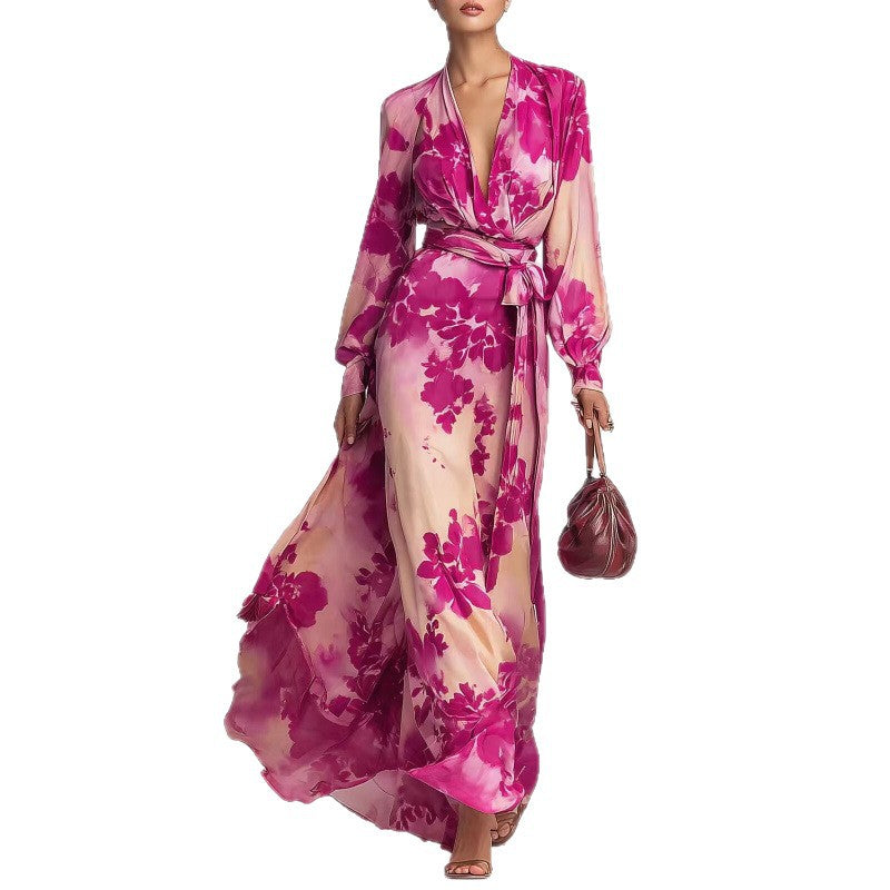 Graceful women's long sleeve floral wrap maxi dress, perfect for race day.