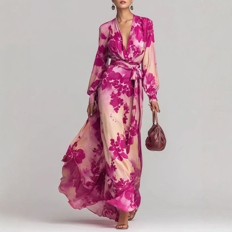 Summer elegant floral v-neck wrap maxi dress for women, ideal party wear.