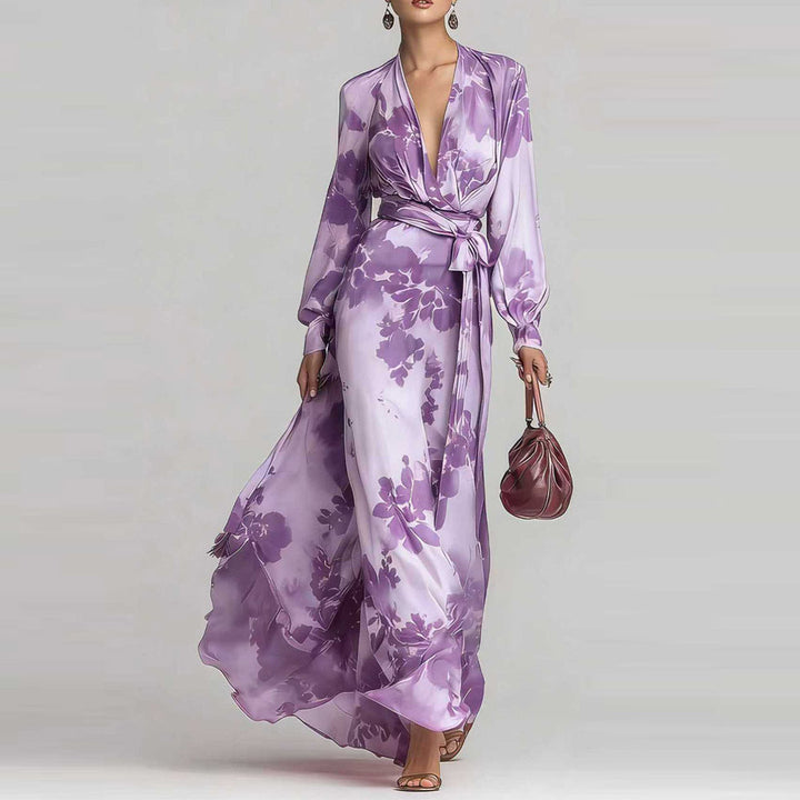 Women's sophisticated floral wrap maxi dress, great for special occasions.