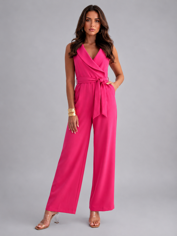 Modern women's wide leg jumpsuit with a chic wrap front and sleeveless design. Perfect versatile summer outfit.