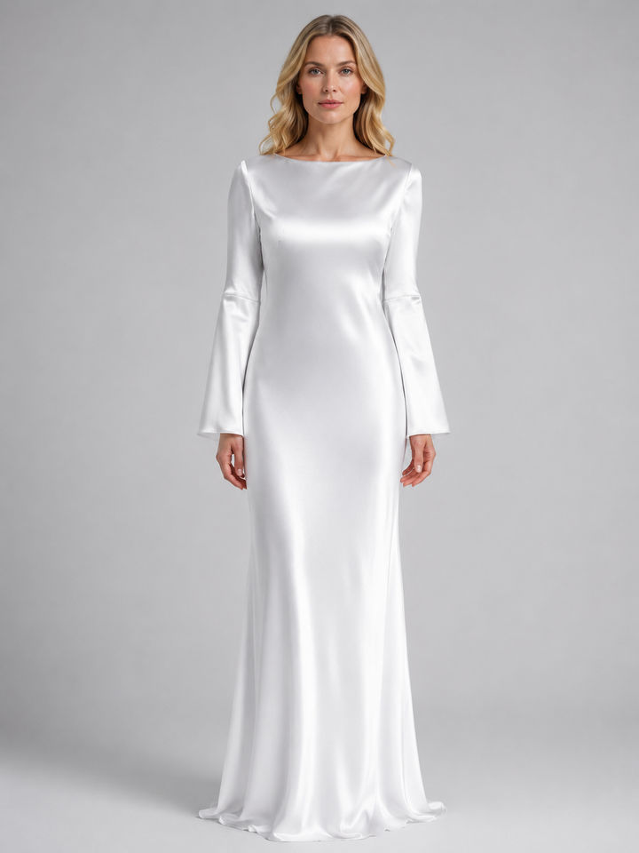 Women's graceful long sleeve maxi party dress with elegant bell cuffs, perfect for formal occasions or evening wear.