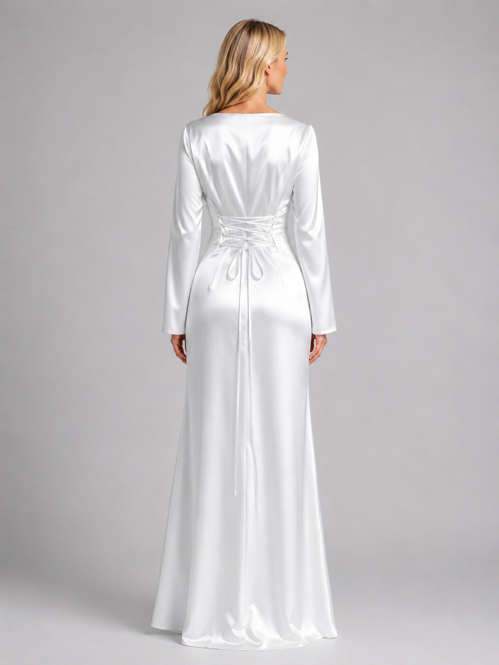 Sophisticated women's long sleeve maxi dress featuring stylish bell cuffs, ideal for special occasion fashion.