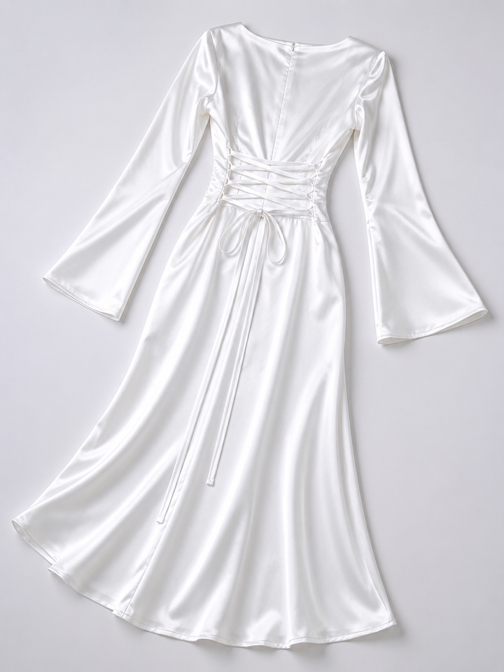 Elegant women's formal evening gown; a flowing long sleeve maxi dress with unique bell cuffs for a graceful look.