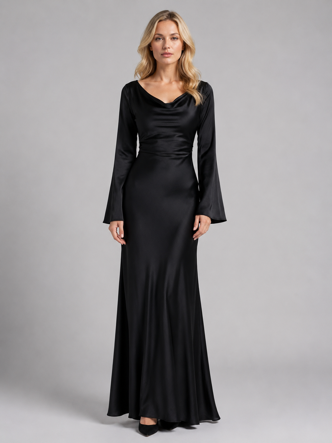 Stylish women's party maxi dress with long sleeves and chic bell cuffs, perfect for sophisticated events.