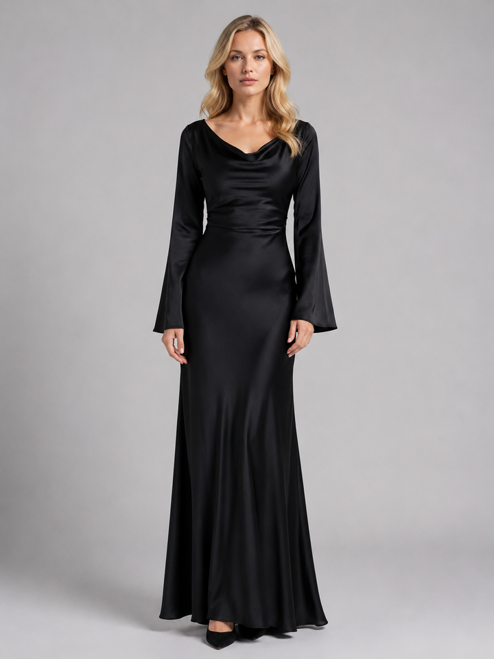 Stylish women's party maxi dress with long sleeves and chic bell cuffs, perfect for sophisticated events.