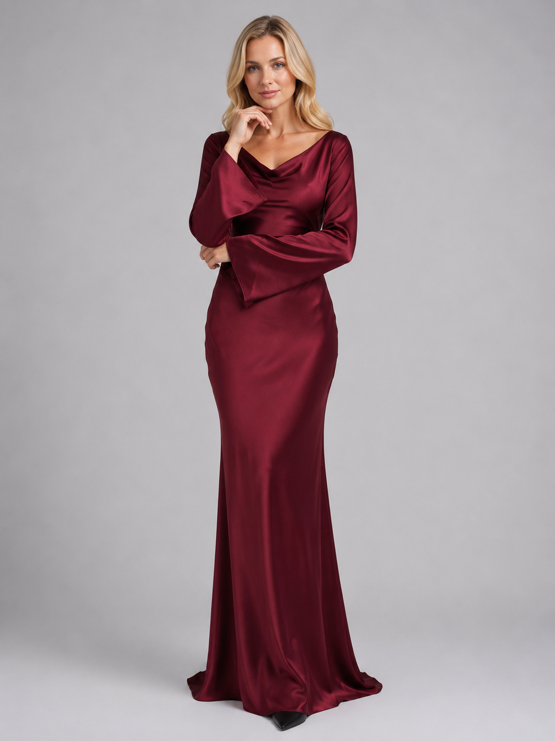Women's elegant long sleeve bell cuff maxi dress, a perfect sophisticated outfit for parties or special occasions.