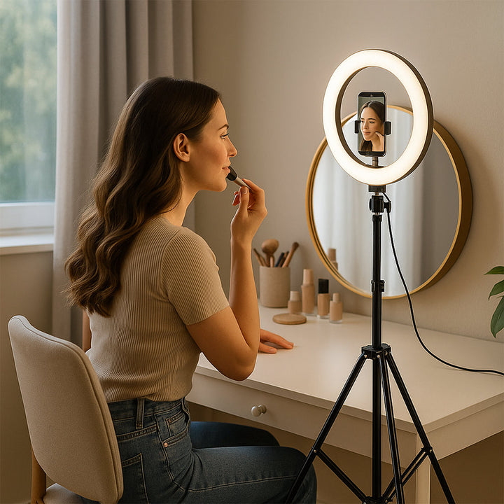 Professional ring light with adjustable stand, 3 color temperatures, ideal for photography & video.