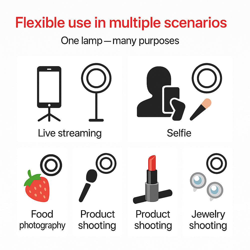 Dimmable streaming ring light with adjustable tripod stand, perfect for TikTok, YouTube, & live streams.