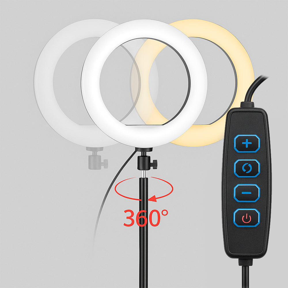 Compact LED ring light kit with stand, 3 color modes, enhancing makeup application & video calls.